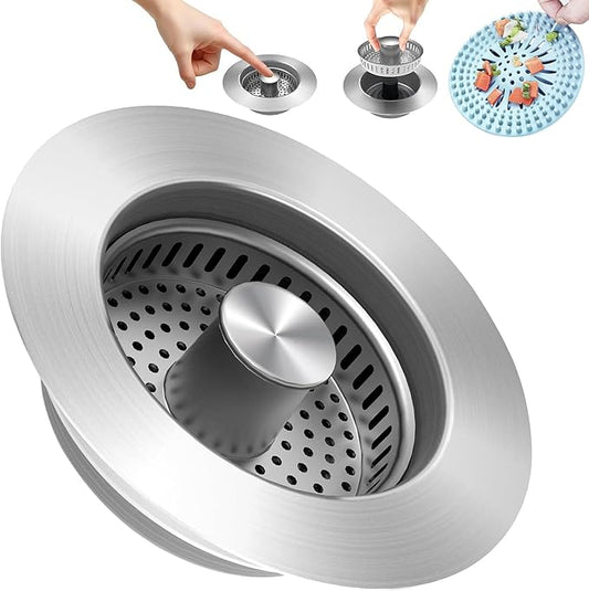 PROFECTUS 3 in 1 Kitchen Sink Drain Strainer and Stopper, 304 Stainless Steel Pop Up Sink Drain Stopper with Hair Catcher, Anti-Clog Sink Strainer for Standard 3-1/2” Kitchen Drains (SUS304 Brushed)