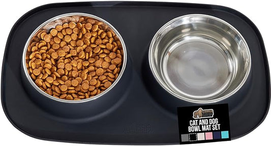 GORILLA GRIP Feeding Mat Set, Patent Pending 100% Waterproof BPA Free Silicone, Stainless Steel Cat and Dog Bowls, Slip Resistant, High Edges Catch Water Food, US Designed Pet Accessories, 2 Cup Black