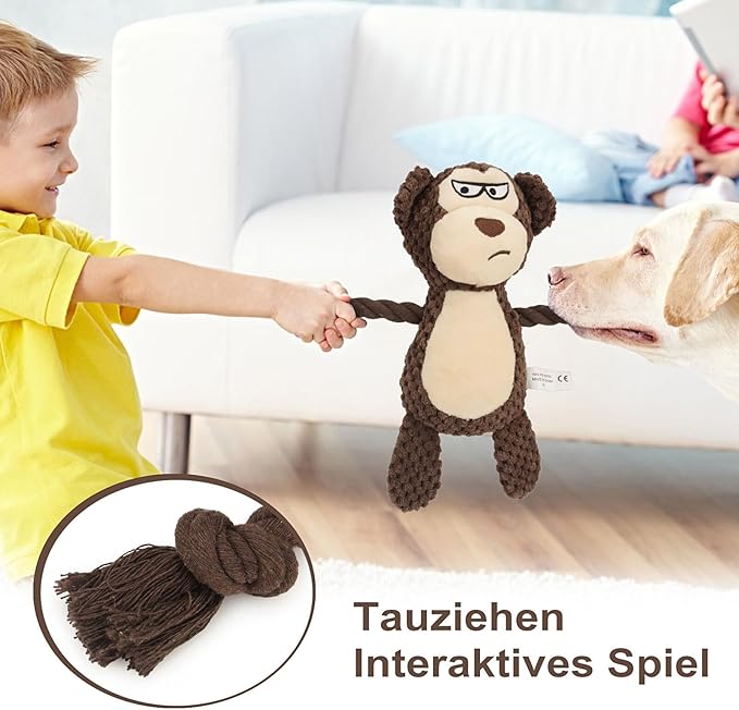 TONYFY Dog Toys, Dog Squeaker Toys with Crinkle Paper, Stuffed Animal Dog Plush Chewing Toy, Cotton Rope Interactive Toys for Puppy, Small, Middle Dogs (Brown Monkey)