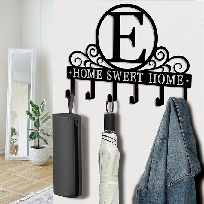 Metal Letter E Key Holder for Wall, Decorative Metal Key Holder Wall Mount, Key Hooks Coat Rack Monogram Wall Decor, Perfect for Bathroom, Living Room, Kitchen, Anniversary Housewarming Gift