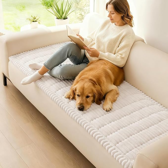 hyha Couch Covers for Dogs Washable, Non Slip Plush Dog Sofa Protectors, Fuzzy Pet Couch Covers for 3 Cushion Sofa Pet Friendly (White, 27.6" x 27.6")
