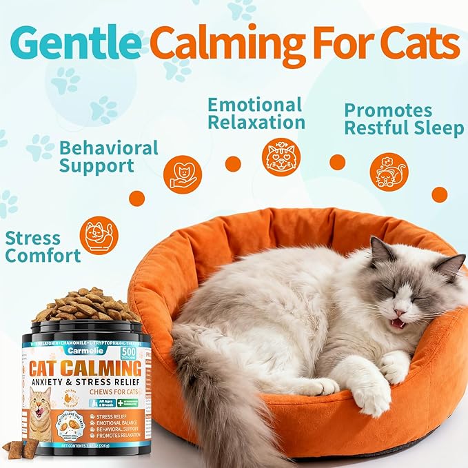 Cat Calming Treats, 500 Crunchy & Creamy Calming Cat Treats with Melatonin, Chamomile for Cats Stress and Anxiety Relief - Travel, Boarding, Vet Visits, Separation Anxiety, Chicken and Krill Flavored