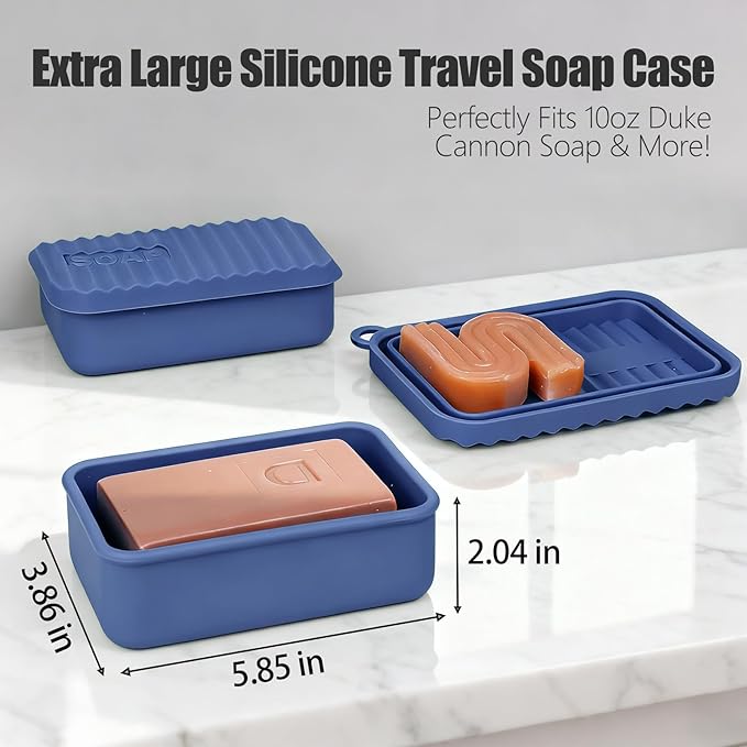 Extra Large Leak Proof Silicone Travel Soap Case for Extended Trips, Outdoor Adventures, or Truck Drivers, Perfectly fits 10 oz Duke Cannon or Shampoo and Conditioner Soap Bar (Deep Blue)