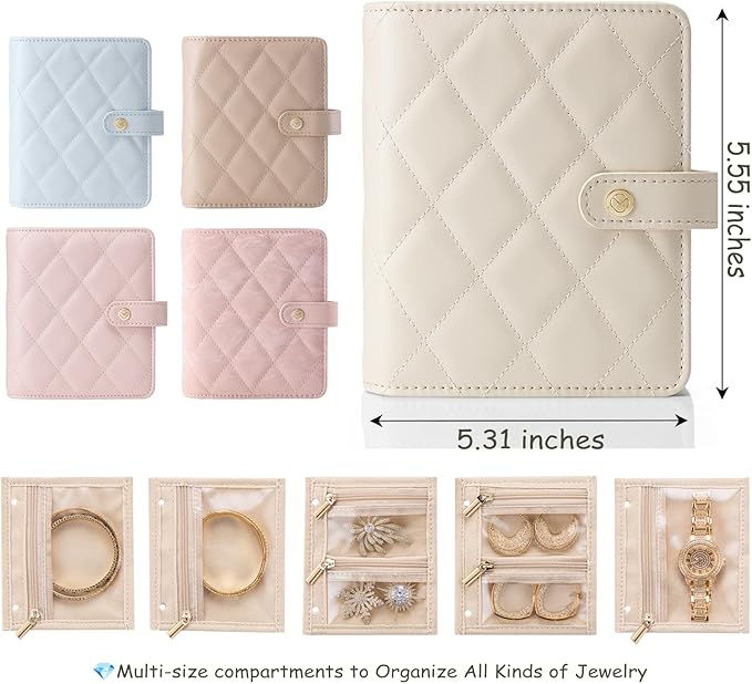 Vlando Small Jewelry Book Organizer - Leather Travel Jewelry Case with 5 Detachable Pages for Necklaces, Rings, Earrings, Tangle-Free, Giftable,Latte