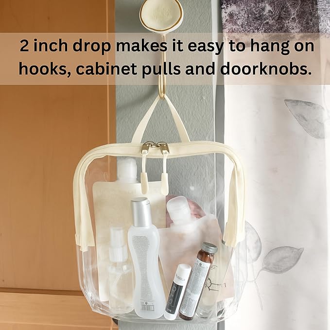 BORSALI TSA Approved Toiletry Bag - Clear Quart Size for 3-1-1 Carry On Travel - Makeup Organizer Cosmetic Pouch with Zipper - Travel Accessories - Cream with Handle