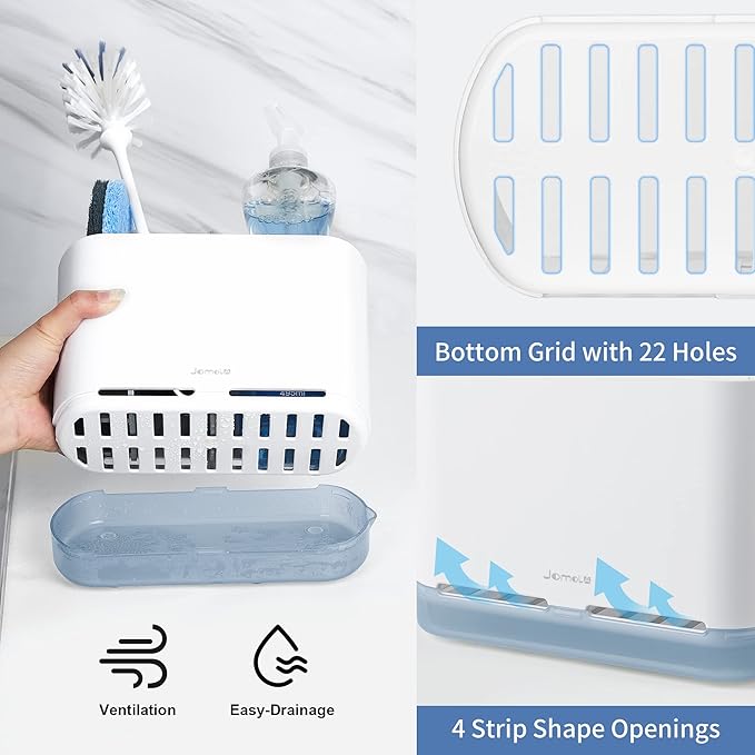 JOMOLA Dish Brush Caddy for Kitchen Sink Toothbrush Holders for Bathrooms Sink Sponge Holder Kitchen Counter Scrub Soap Brush Organizer Sinkware Caddy with Drain Tray Dividers (Blue)