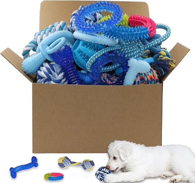 20 Pack Puppy Chew Toys for Teething & Fun (Chew Toys for Puppies 0-6 Months Bundle with Various Rubber Rings, Rope Toys and Balls for Interactive Play, Teeth Cleaning & Relief