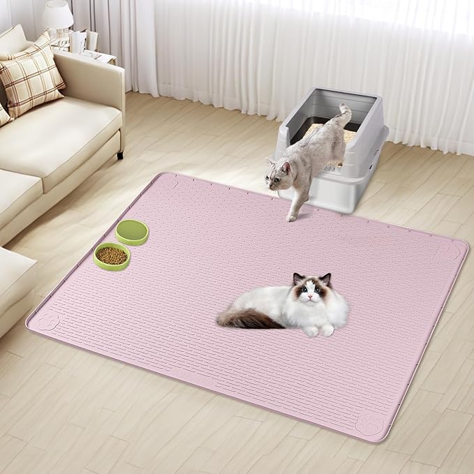 Bartuke Cat Litter Mat, XXL Extra Large 50" x 35" Silicone Mat Litter Trapping Mat for Scatter Control, Soft on Kitty Paws, Easy to Clean (Pink)