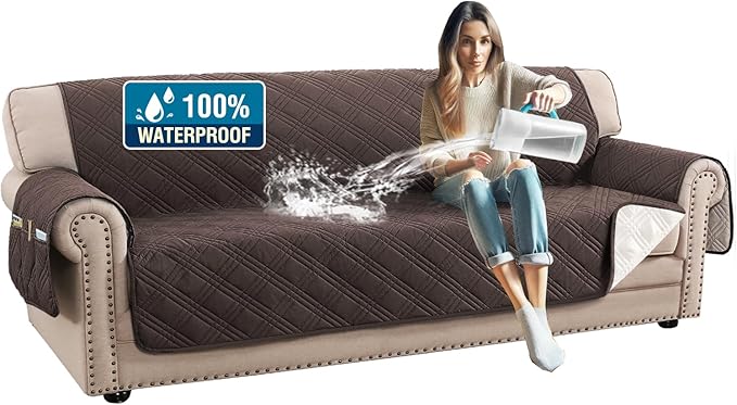 H.VERSAILTEX 100% Waterproof Sofa Covers for 3 Cushion Couch Modern Sofa Cover for Dogs XL Couch Covers for Oversized Sofa with Elastic Straps (Oversized Sofa,Chocolate/Beige)