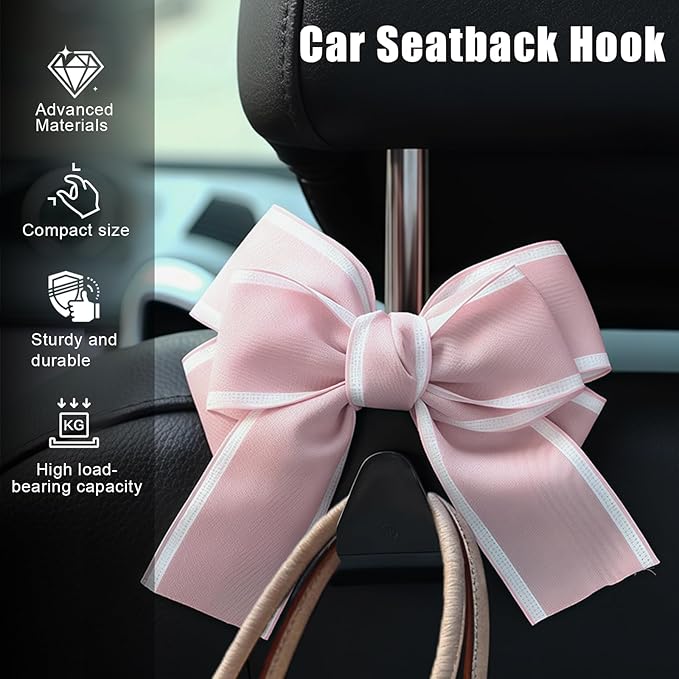 2 PCS Car Seat Headrest Hooks, Cute Bow Purse Hook Hanger for Car Headrest, Universal Purse Holder for Umbrella, Storage Bag, Coat (Pink)