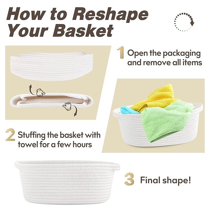 Pro Goleem Small Woven Easter Basket with Gift Bags and Ribbons Durable Burr Baskets for Gifts Empty Small Rope Basket for Storage 12"X 8" X 5" Baby Toy Baskets with Handles, White