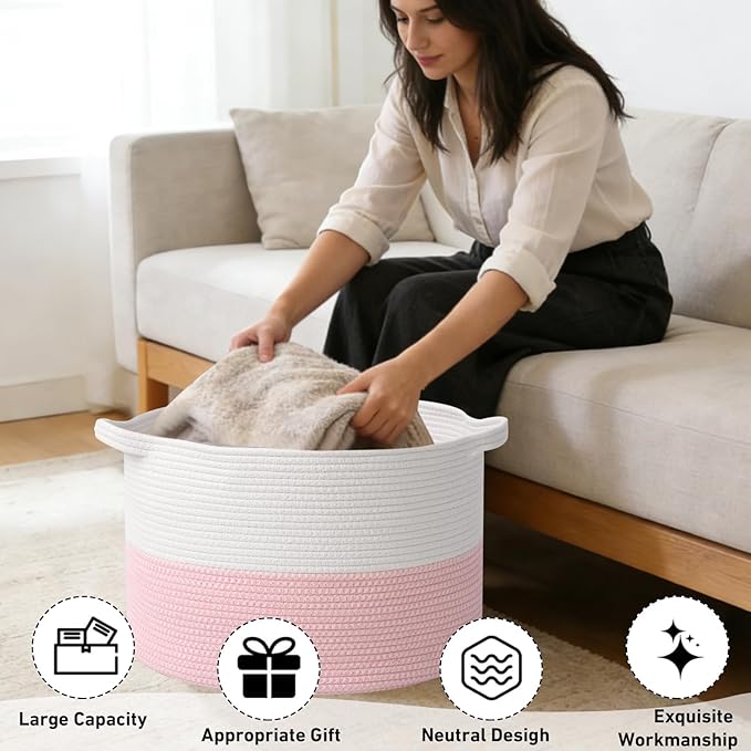 90L Extra Large Pink Woven Cotton Rope Basket with Handles, Kids Nursery Laundry Hamper for Toys, Blankets, Pillows & Comforters, Cute Storage Bin for Bedroom & Playroom