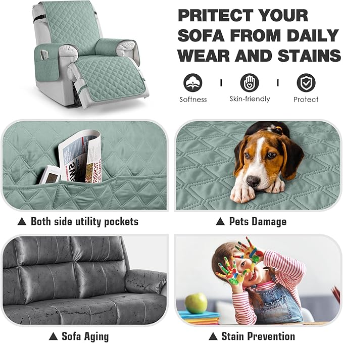 TAOCOCO Non-Slip Recliner Chair Cover Sofa Slipcover, Pet Cover for Large Recliner with Elastic Straps, Washable Chair Seat Cover Recliner Chair Furniture Protector (28'' Oversized, Mint)