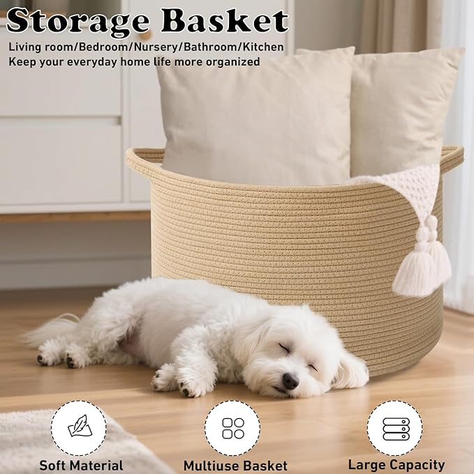 115L Extra Large Woven Cotton Rope Blanket Basket with Handles, Laundry Hamper Storage Bin for Pillows, Comforters,Clothes, Toys, Nursery, Bedroom and Living Room Organization,Camel