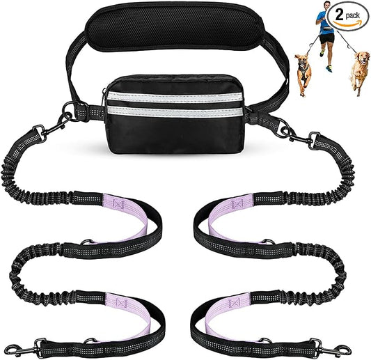 Hands Free Dog Leash with Pouch, Double Leash for Two Dogs, Retractable Bungee with Double Padded Handles, Dog Waist for Dog Walking, Running for Dogs, Dog Walking Accessories