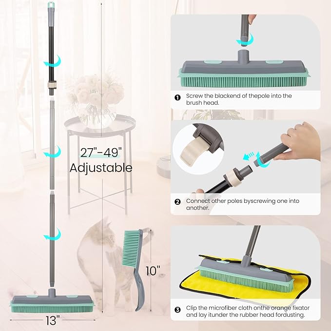 Conliwell Rubber Broom Carpet Rake for Pet Hair, Fur Remover Broom with Squeegee, Portable Detailing Lint Remover Brush (Iron Handle)