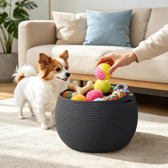 Goodpick Large Toy Storage for Kids, Black Baby Basket for Baby Shower, Decorative Woven Rope Basket for Nursery Living Room, 15.7"D x 10.5"H