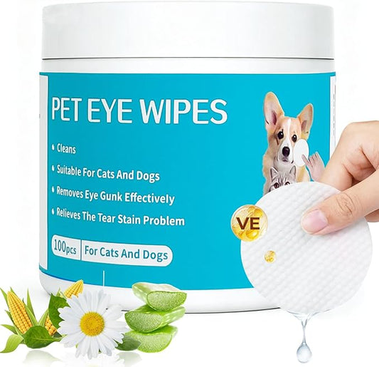 Falatong Gentle Pet Eye Wipes, Hypoallergenic Tear Stain Remover for Cats and Dogs, 100 Count Unscented Cleaning Pads with Adequate Fluid Content