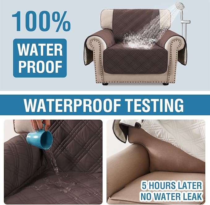 H.VERSAILTEX 100% Waterproof Arm Chair Covers Modern Sofa Chair Covers for Pets Stay in Place Furniture Protector with Elastic Straps(Chair,Chocolate/Beige)