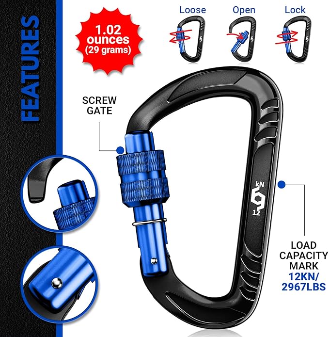12kN (2697 lbs) Heavy Duty Carabiner Clips, for Securing Pets, Outdoor, Camping, Hiking, Hammock, Dog Leash Harness, Keychains