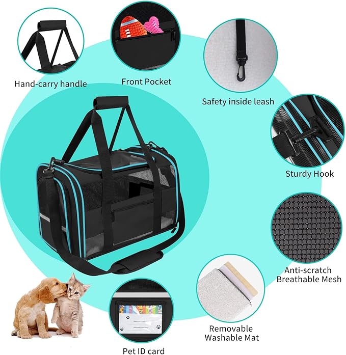 17" Soft-Sided Pet Travel Carrier for Cats and Small Dogs, Airline - Approved, Travel Tote with Mesh Windows, Foldable Bowl, Shoulder Strap, Black