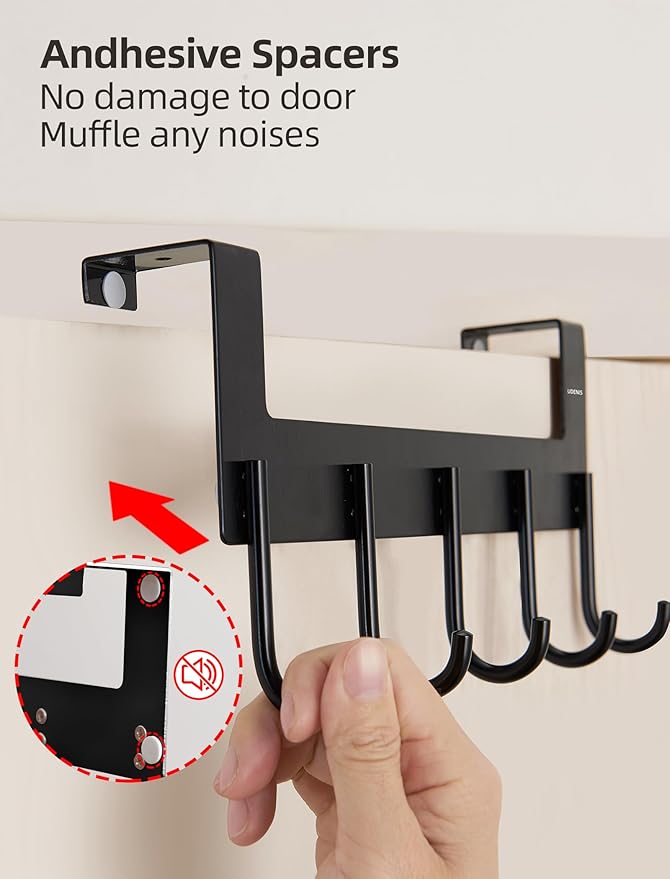 Over The Door Towel Rack,Over The Door Hooks,Heavy Duty Aluminum Over The Door Hanger for Hanging Coat, Bag, Robe,Clothes,Towels,Hat - 5 Hooks, Brush Finish (Matte Black 1Pcs)