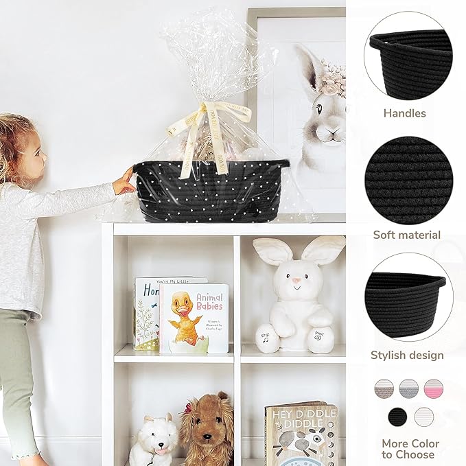 CHICVITA Black Empty Gift Basket, Small Woven Baskets for Organizing, Rope Baskets for Storage, Decorative Basket for Dogs, Cats, Cute Organizer for Shelves, 12"x 8"x 5"