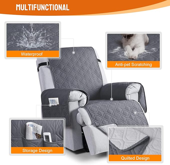 VANSOFY 100% Waterproof Recliner Chair Covers, Recliner Cover Non-Slip Dog Chair Cover Furniture Protector Washable Slipcover with Pocket, Elastic Straps for Pets, Dogs(Dark Gray, 22")