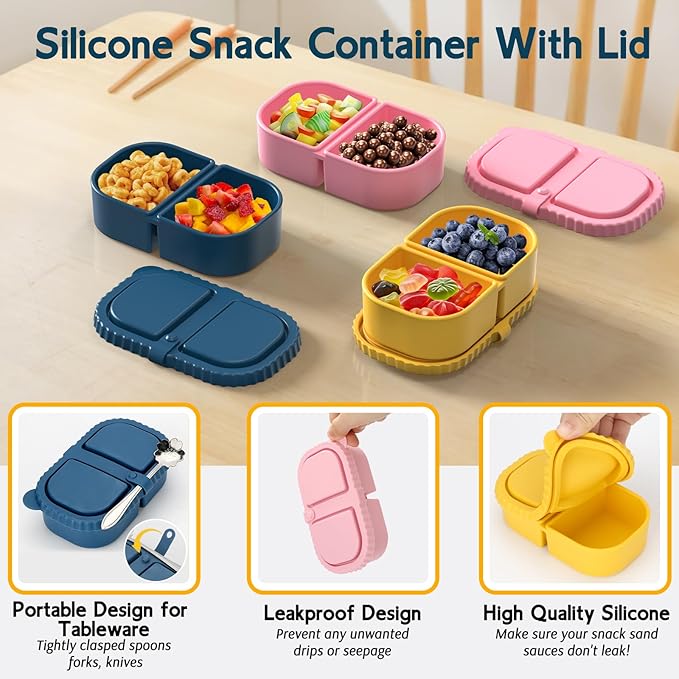 3 Pack Reusable Silicone Snack Containers with Lids, Meal Prep Containers 2 Compartments, Portable Silicone Food Storage Box for Picnic, Lunch, Office (3)