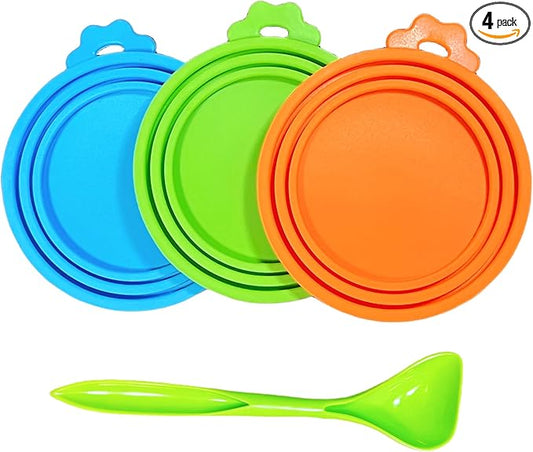 MoPawKT- Pet Food Can Covers Silicone Lids for 3-15 oz Cans, 3 Inner Diameters 2.6”/3”/3.4” Fit for Most Cat & Dog Food Cans/Tins, BPA Free, Reusable (set of 3 lids+1 spoon)