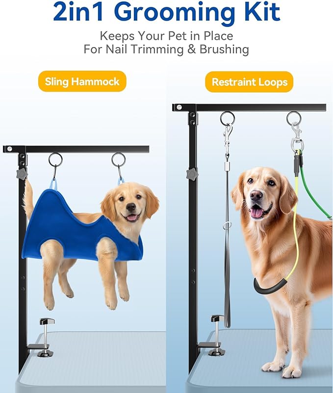 Adjustable Foldable Dog Grooming Arm with Clamp, 26–40 in Height, Safety Hammock & No-Sit Holders, Grooming Restraint for Small & Medium Dogs