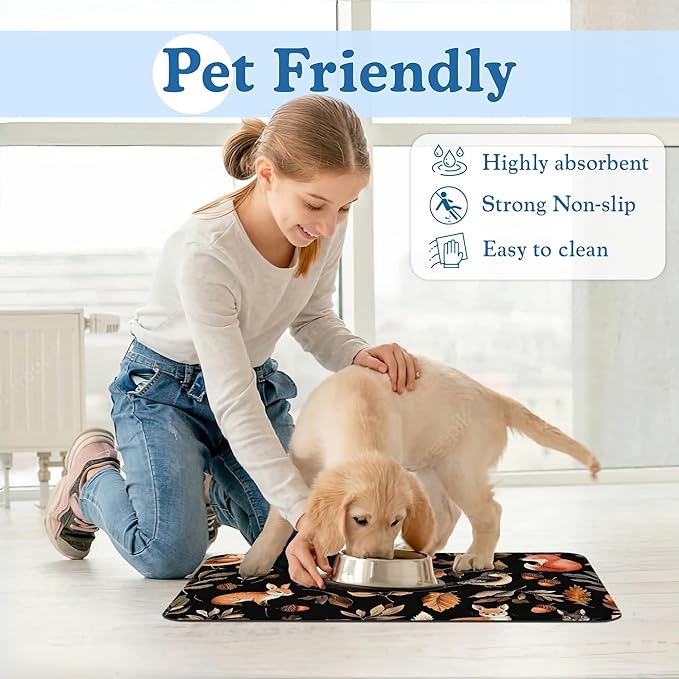 Wild Forest Animals Pet Feeding Mat–Christmas Stocking Quick Dry Absorbent Dog Cat Food Mat, Non Slip Waterproof Bowl Placemat for Messy Eaters, Pet Accessories for Floors 16"x24"