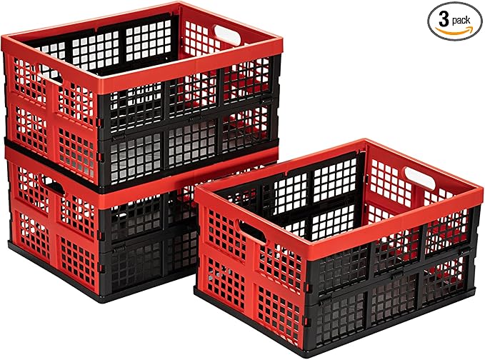 Eslite 34L Large Plastic Folding Storage Crates,Collapsible Crates for Storage,Pack of 3 (Black+Red)