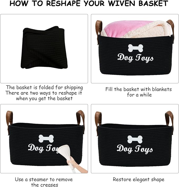 Geyecete X-Large Cotton Rope Dog Basket with Leather handle Blanket Storage Basket Decorative Clothes Hamper Basket | Extra Large Baskets for Blankets or Laundry-Black