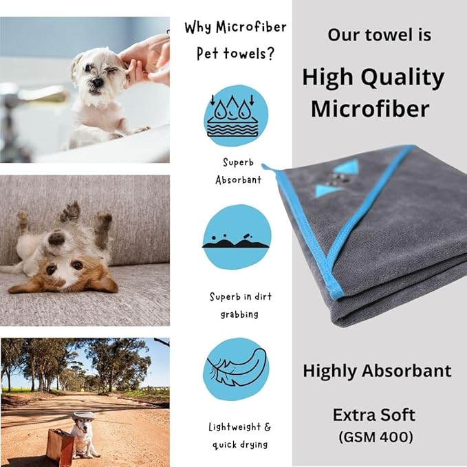 Penny & Niko Multi Purpose Microfiber Pet Towel - Drying Towel/Hooded Robe for Dogs and Cats (30 x 30-2 Pack, Blue/Gray)