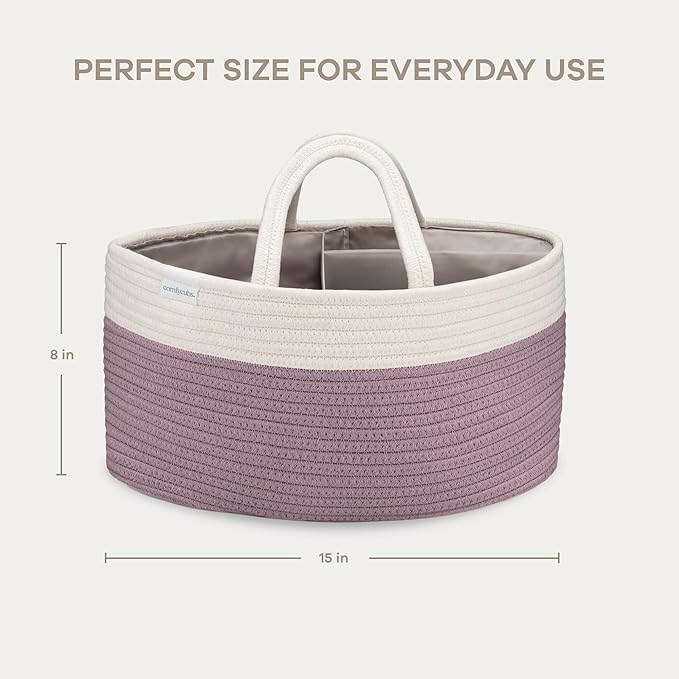 Comfy Cubs Rope Diaper Caddy Organizer 8.5" x 15" x 8" - Large Baby Diaper Basket with 3 Spacious Compartments - Stylish Cotton Baby Caddy Organizer for Diapers, Wipes & Essentials - Mauve