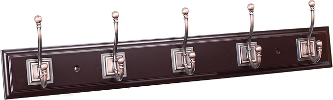 BIRDROCK HOME Classic Hook Coat and Hat Rack | 5 Hooks | Wall Mount | Brown Finish | Bronze Hooks