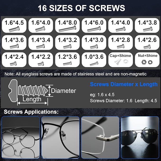 STREBITO Glasses Repair Kit, All-in-One Eyeglass Repair Kit with 16 Sizes of Screws, 12 Pairs of Nose Pads & Tweezer, Precision Screwdriver Set for Glasses, Sunglasses, Watches & Small Electronics