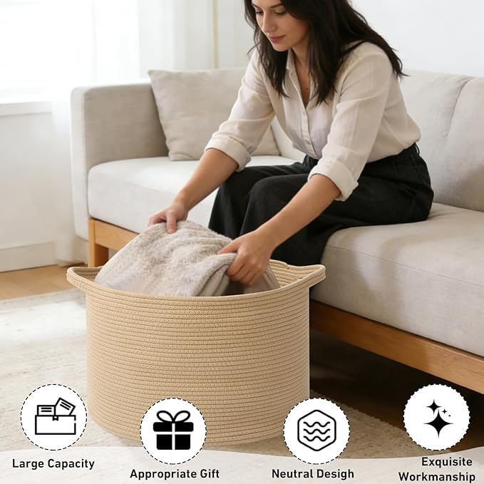115L Extra Large Woven Cotton Rope Blanket Basket with Handles, Laundry Hamper Storage Bin for Pillows, Comforters,Clothes, Toys, Nursery, Bedroom and Living Room Organization,Camel