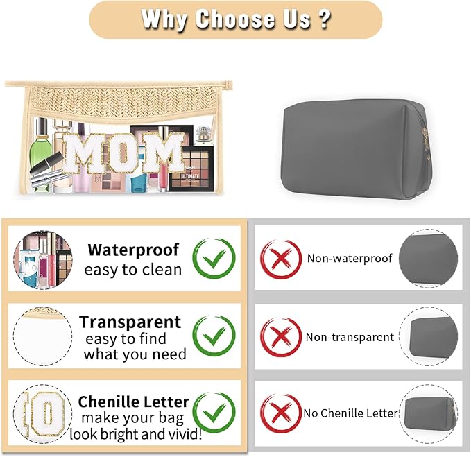Boho Clear Makeup Letter Patch Makeup Bag MOM Pouch, Clear Toiletry Bag Travel Small Cute Stadium Chenille Letter Cosmetic Zipper Pouch Purse, Transparent Waterproof Diaper Bag Organizing Pouches(MOM)
