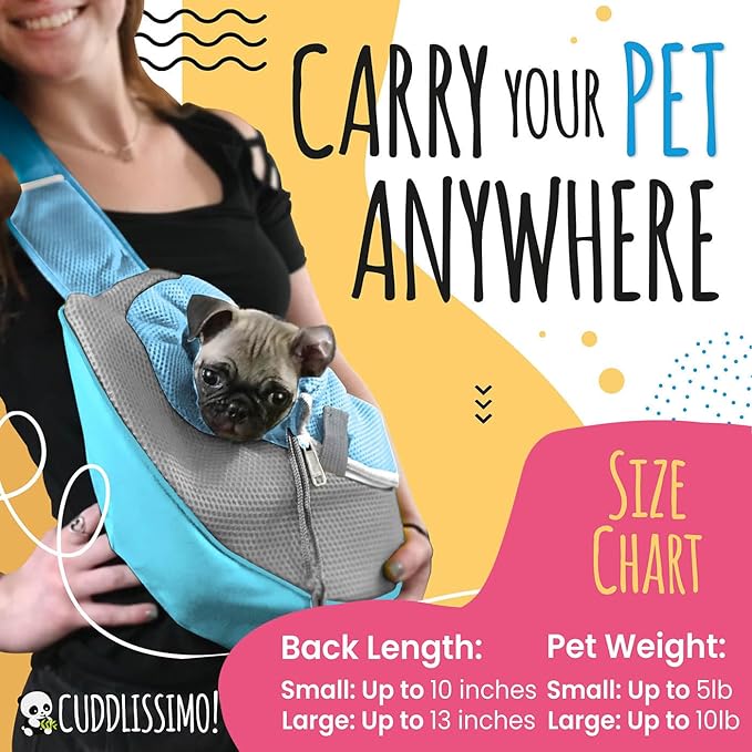 Cuddlissimo! Pet Sling Carrier - Small Dog Puppy Cat Carrying Bag Purse Pouch - For Pooch Doggy Doggie Yorkie Chihuahua Baby Papoose Bjorn - Travel Front Backpack Chest Body Holder Pack To Wear (Blue)