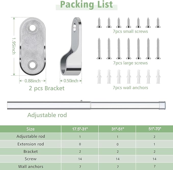 Premium Oval Closet Rod, No-Cut Stepless Adjustable Closet Rod 17.5"-31", Heavy Duty Metal Closet Hanging Rod with End Supports