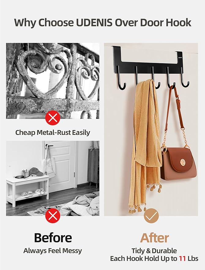Over The Door Coat Rack,Over The Door Towel Hanger Drying Rack,Heavy Duty Aluminum Over The Door Towel Rack Hooks for Hanging Coat, Bag, Robe - 5 Hooks White Color 2 Pack