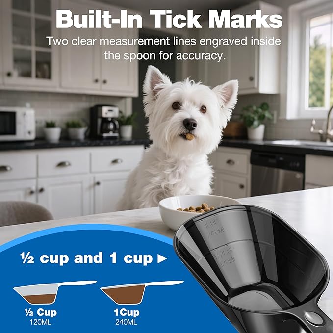 Fenenik Pet Food Scoop 2 Pack, Dog Cup Capacity Cat Food Scooper With Measuring Lines For Dog, Puppy and Cat Coffee Bean, Flour Scoop Black
