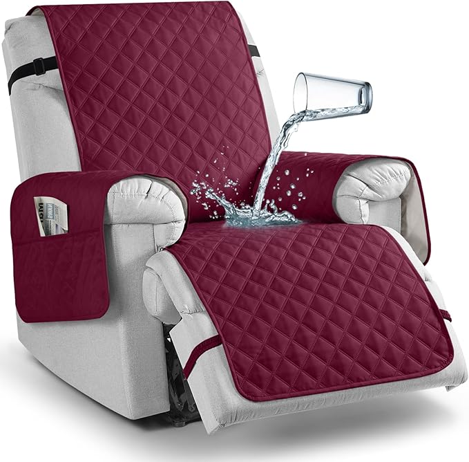 TAOCOCO 100% Waterproof Recliner Chair Cover Non-Slip Reclining Cover for Recliner Chair Washable Chair Seat Cover with Elastic Straps for Pets Sofa Slipcover with Pocket (Small 23'', Wine)