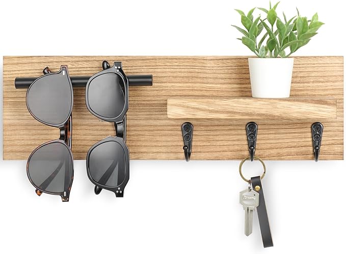 Lucundm Key Holder for Wall, Decorative Entryway Shelf with Hooks Holds Keys, Dog Leash, Sunglasses – Key Hanger with 3 Hooks Organizes, Enhances Home Decor (15” x 4.5” x 2.6”) (Wood)