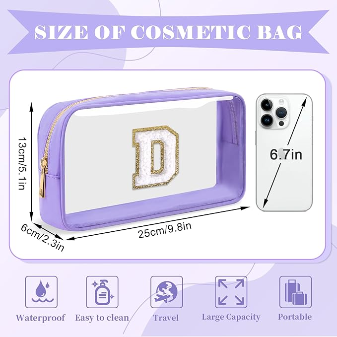 Personalized Initial Letter Clear Makeup Bag,Preppy Small Nylon&PVC Cosmetic Zipper Bag with Chenille Letter,Travel Skincare Toiletry Bag,Monogram Christmas Gift for Teen Girls Women,D