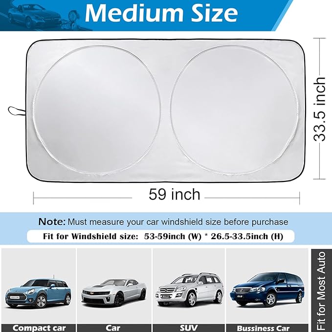 IC ICLOVER Car Windshield Sun Shade, 210T Polyester Foldable Front Window Sun Visor Protector, Blocks UV Rays and Heat Sun Protection Shield, Keep Your Vehicle Cool, Fits Sedans, Mid-Size SUV (Medium)