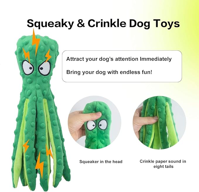 CPYOSN Dog Squeaky Toys Octopus - No Stuffing Crinkle Plush Dog Toys for Puppy Teething, Durable Interactive Dog Chew Toys for Small, Medium and Large Dogs Training and Reduce Boredom, 2 Pack