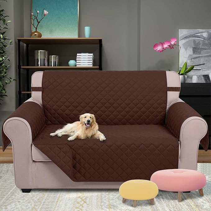 U-NICE HOME Loveseat Sofa Cover Reversible Couch Cover for Dogs with Elastic Straps Water Resistant Furniture Protector for Pets Couch Cover for 2 Cushion Couch (Loveseat, Brown/Brown)